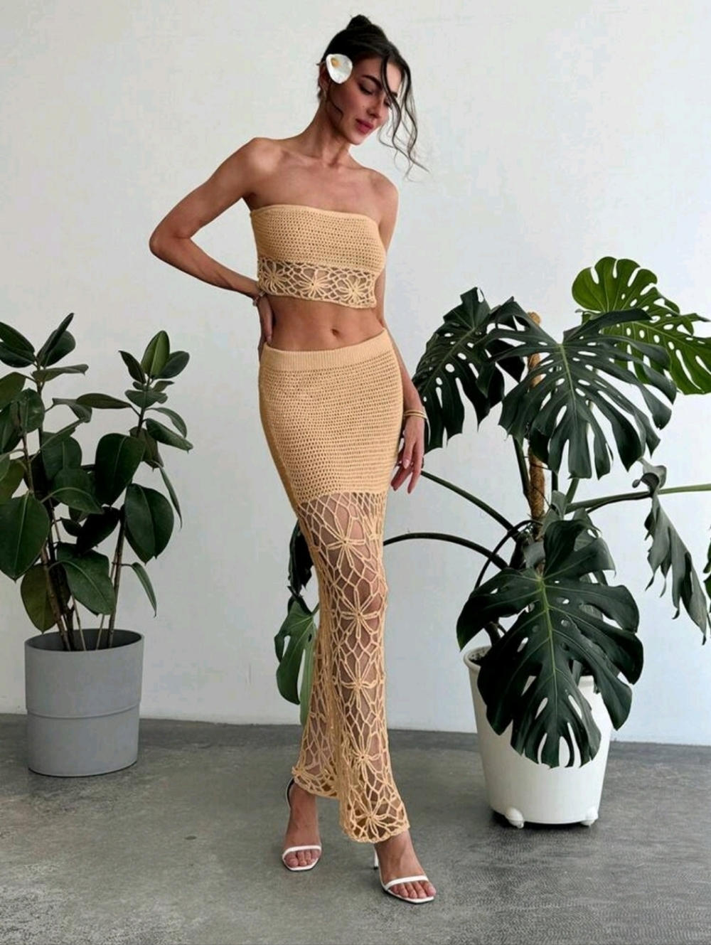 Beige Crochet Two-Piece Set | Strapless Top + Maxi Skirt | Boho Vacation Set | S